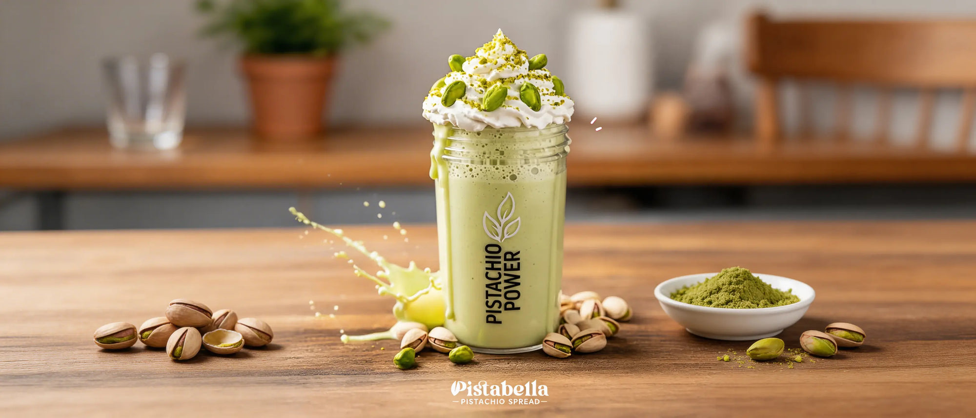 Pistabella pistachio spread blended into a green pistachio power smoothie, topped with whipped cream and crushed pistachios.