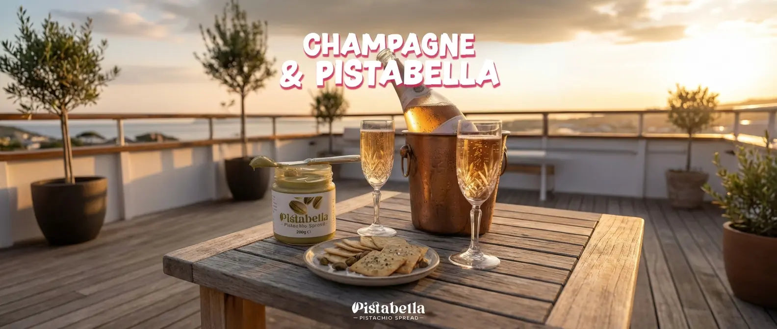 Pistabella pistachio spread beside champagne flutes and an ice bucket on a rooftop deck at sunset.