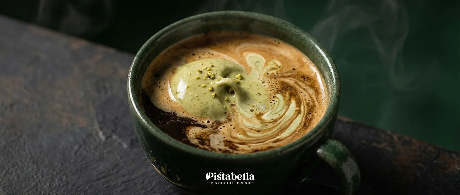 Espresso in a green ceramic mug topped with melting Pistabella pistachio spread swirled into the crema.