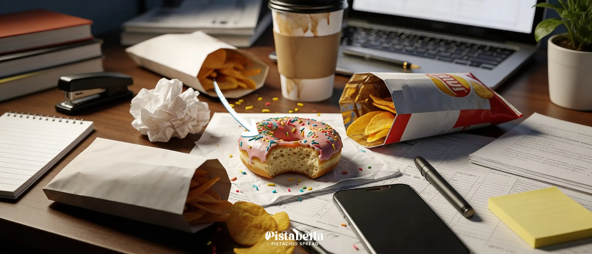 Cluttered office desk with junk food — chips, a donut, and takeaway bags.