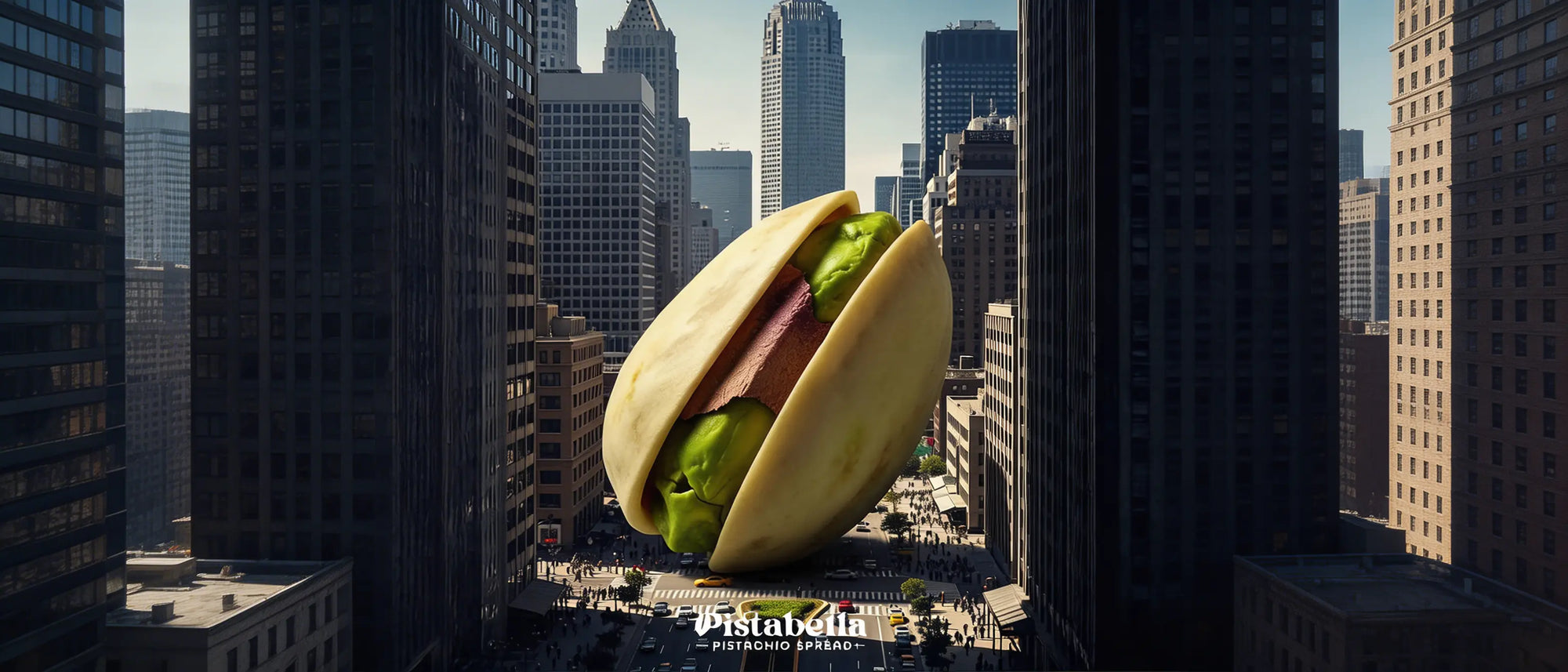 Giant pistachio nut wedged between city skyscrapers, representing the bold ambition behind Pistabella.