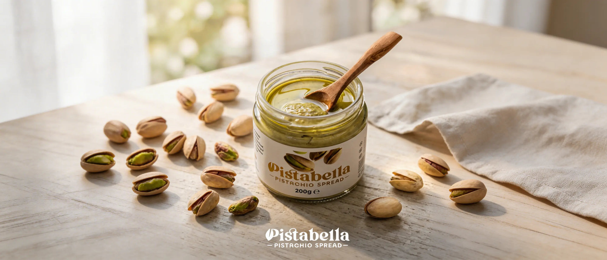 Open Pistabella pistachio spread jar showing natural oil separation, with a wooden spoon resting inside.