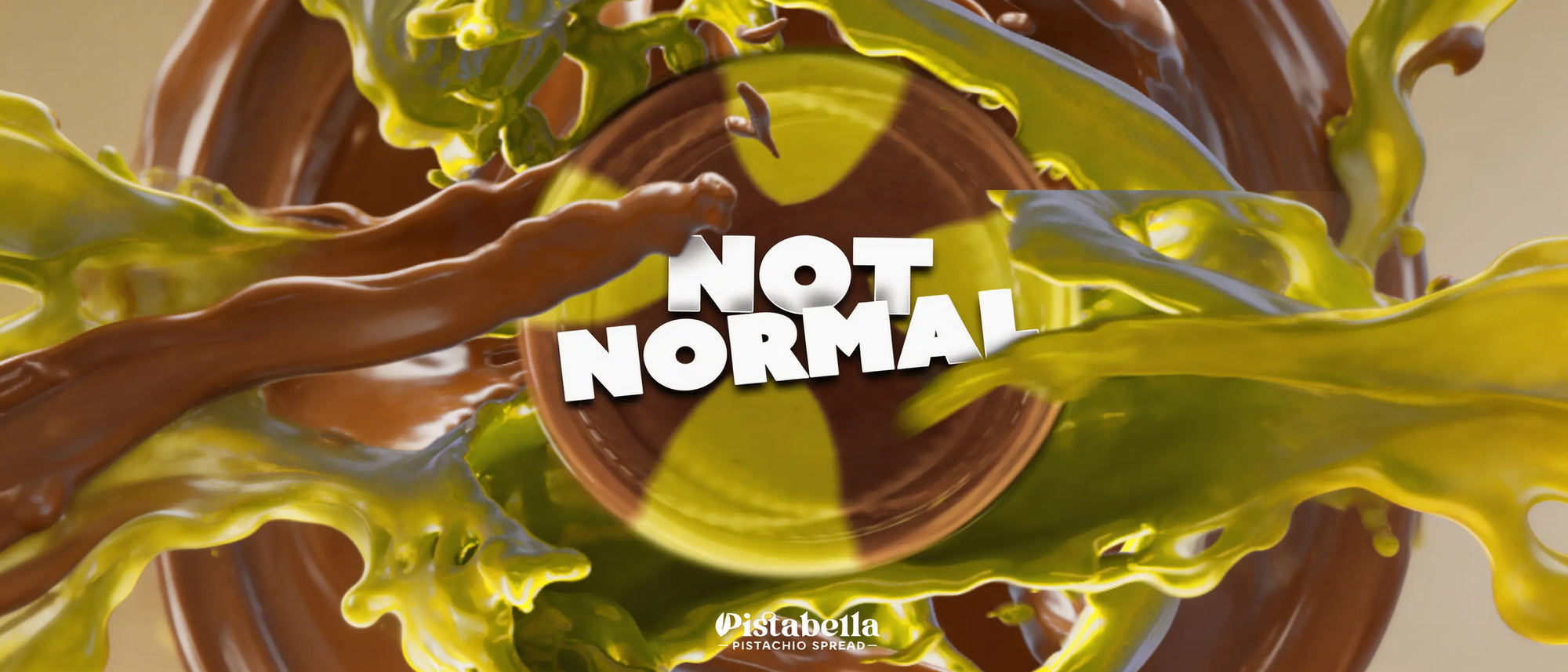 Swirling pistachio green and chocolate liquids around a nuclear symbol with bold "Not Normal" text.