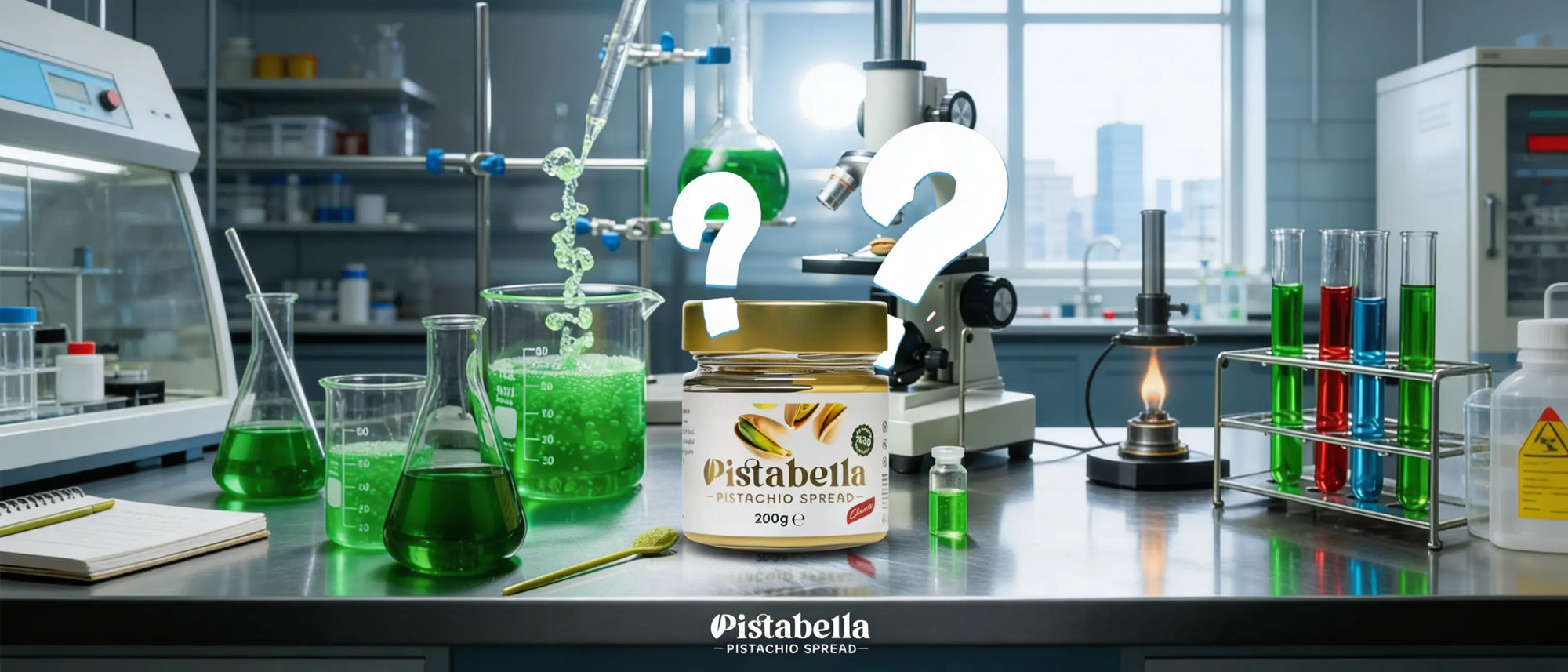 Pistabella pistachio spread jar on a lab bench, questioning what makes real pistachio spread different from nut butter.